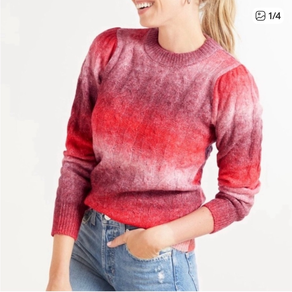 Evereve Jamison Puff sleeve Red Ombré  cableknit CrewNeck Sweater Women’s Large